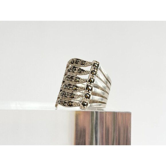 Art Deco Marcasite Gemstone Wavy Chunky Banded Gemstone Vintage Ring - sz 5.5 - Picture 5 of 10